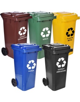 5 šiukšliadėžių 120l rinkinys, penkios spalvos