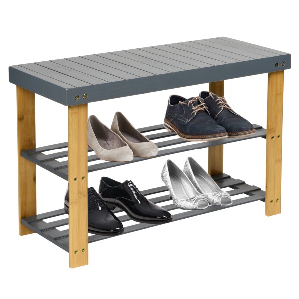 MILOS bambukinis suolas su batų lentynomis pilkas Baldai
